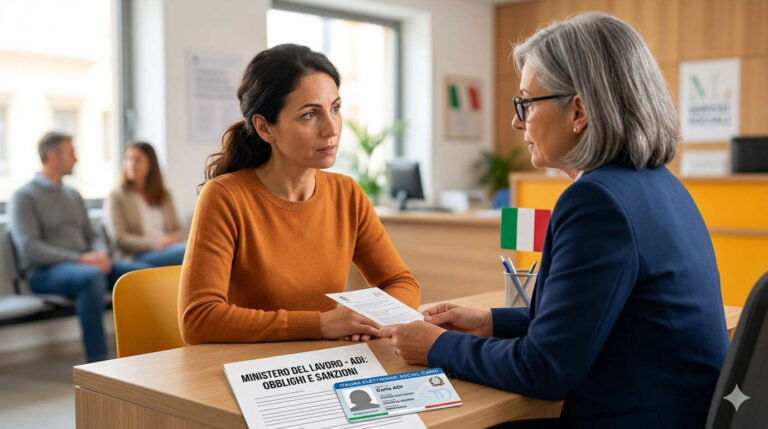 Una beneficiaria dell'Assegno di Inclusione durante un colloquio informativo su obblighi e sanzioni per evitare la decadenza del sussidio.