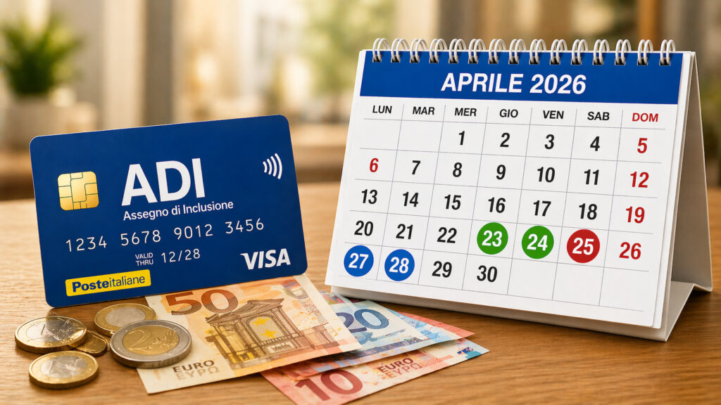 Carta Assegno di Inclusione con calendario aprile 2026 e banconote euro, riferimento alle date di pagamento della ricarica ordinaria ADI
