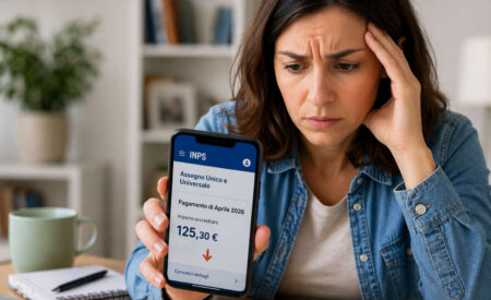 Donna preoccupata controlla importo Assegno Unico aprile 2026 su smartphone INPS più basso del previsto
