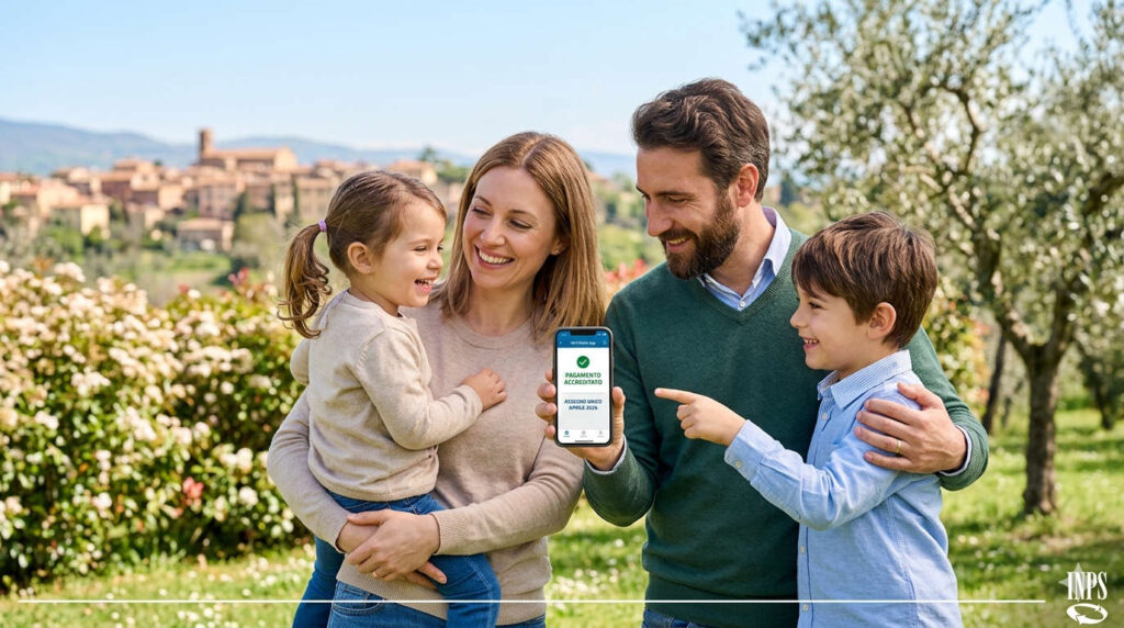 Famiglia che controlla su smartphone l'accredito dell'Assegno Unico di aprile 2026 in un parco.
