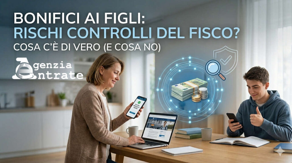 Madre e figlio che utilizzano smartphone e laptop per un bonifico bancario, con grafica che simboleggia i controlli del Fisco e la sicurezza dei pagamenti tracciabili.