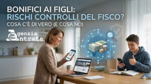 Madre e figlio che utilizzano smartphone e laptop per un bonifico bancario, con grafica che simboleggia i controlli del Fisco e la sicurezza dei pagamenti tracciabili.