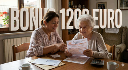 Bonus 1.200 euro colf e badanti nel 2026: come ottenerlo davvero con il 730 Badante e anziana consultano il modello 730 a tavola, con scritta Bonus 1200 euro.