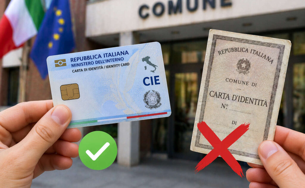 Carta d’identità elettronica confrontata con vecchia carta cartacea davanti al Comune, non più valida dal 3 agosto 2026