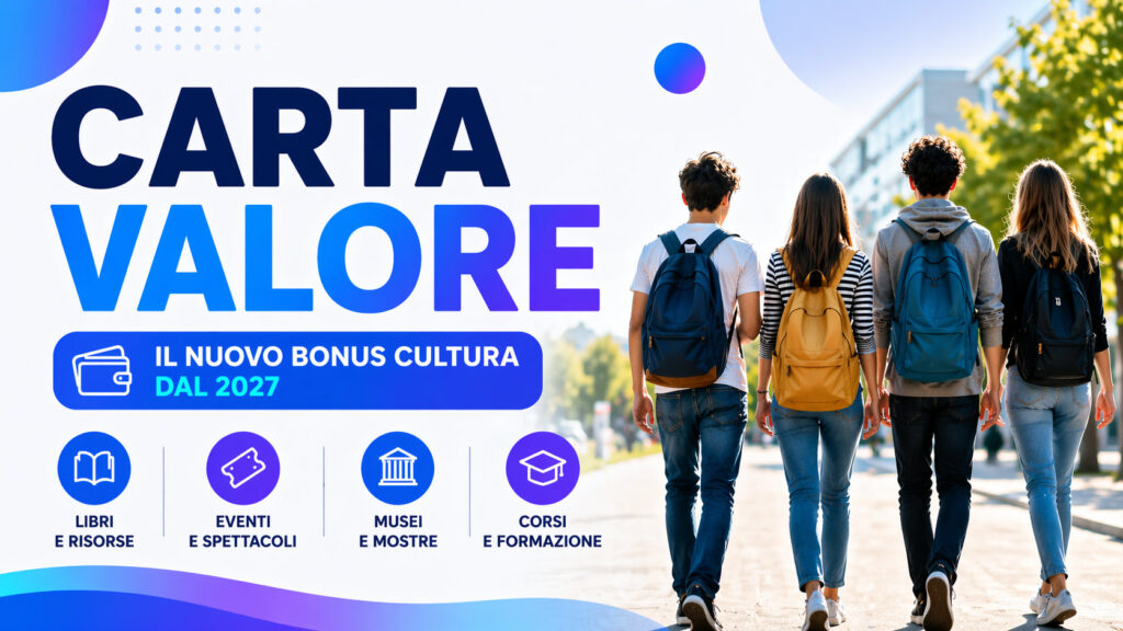 Carta Valore 2027, il nuovo bonus cultura per studenti: ragazzi con zaini verso la scuola
