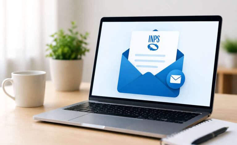 Cedolino pensione INPS via email visualizzato su laptop con notifica digitale e invio automatico del documento