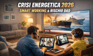 Smart working e didattica a distanza durante la crisi energetica 2026, con famiglia a casa davanti a computer e TV che mostra petroliere nel mare