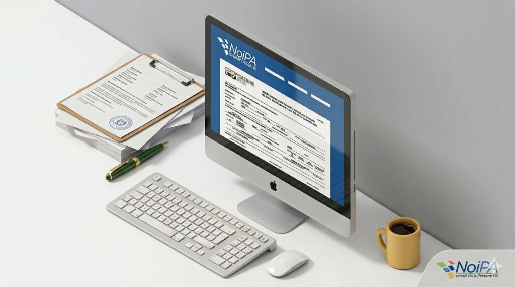 Certificazione Unica 2026 visualizzata sullo schermo di un computer in un ufficio moderno, con documenti e logo NoiPA.