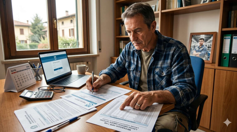 Lavoratore maturo esamina moduli INPS e contributi sulla scrivania con calendario aprile 2026 per domanda lavori usuranti.