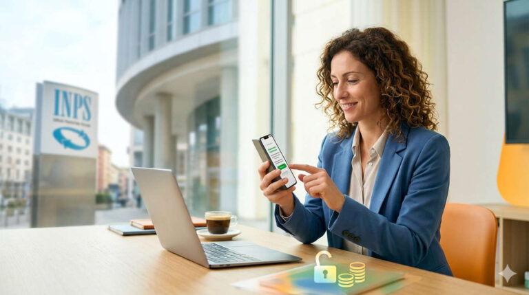 Una professionista sorride guardando lo smartphone mentre accede all'indennità ISCRO o DIS-COLL sbloccata dall'INPS anche senza iscrizione alla Gestione Separata. Sullo sfondo l'ufficio INPS e sul tavolo un lucchetto aperto con monete.