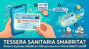 Infografica che spiega come richiedere il duplicato della tessera sanitaria online nel 2026 e scaricare il PDF provvisorio.