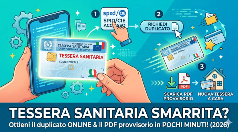 Infografica che spiega come richiedere il duplicato della tessera sanitaria online nel 2026 e scaricare il PDF provvisorio.