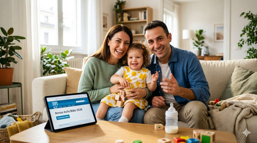Una famiglia felice seduta sul divano mentre utilizza un tablet per presentare la domanda per il Bonus Asilo Nido 2026 dell'INPS.