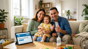 Una famiglia felice seduta sul divano mentre utilizza un tablet per presentare la domanda per il Bonus Asilo Nido 2026 dell'INPS.