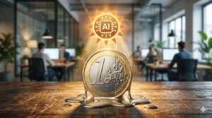 Moneta da 1 euro che si scioglie sotto un sole a forma di microchip AI in un ufficio moderno, simbolo dell'inflazione.