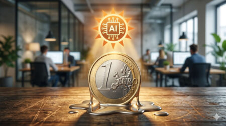 Moneta da 1 euro che si scioglie sotto un sole a forma di microchip AI in un ufficio moderno, simbolo dell'inflazione.