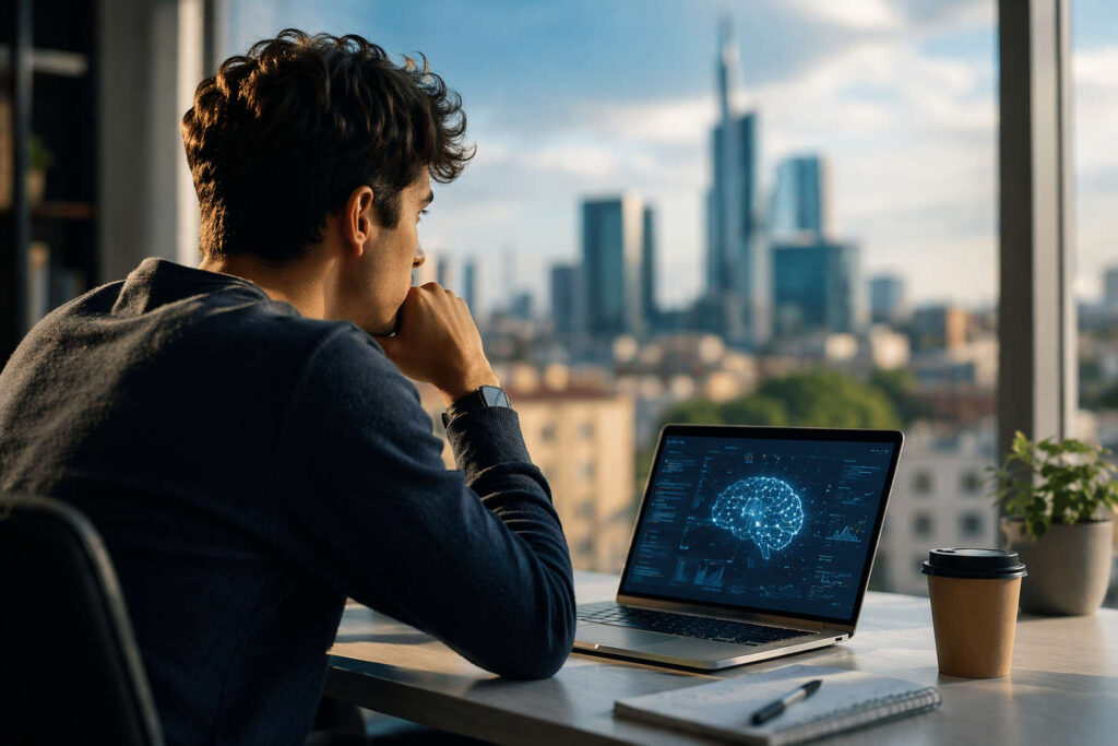 Giovane al computer osserva il futuro del lavoro con intelligenza artificiale nel 2026