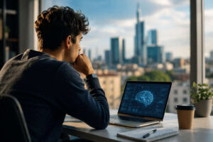 Giovane al computer osserva il futuro del lavoro con intelligenza artificiale nel 2026