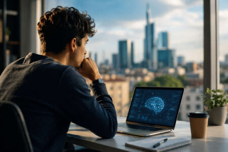 Giovane al computer osserva il futuro del lavoro con intelligenza artificiale nel 2026