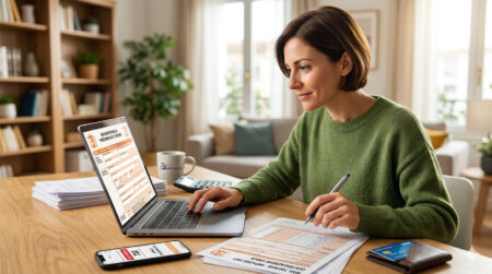 Donna che organizza documenti fiscali e Certificazione Unica al computer per la dichiarazione dei redditi 730 2026