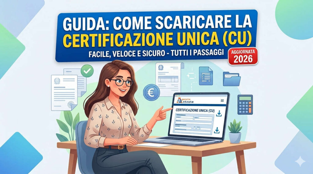 Illustrazione di una persona al computer che scarica la Certificazione Unica 2026 dal sito dell'Agenzia delle Entrate con icone di documenti e tasse.
