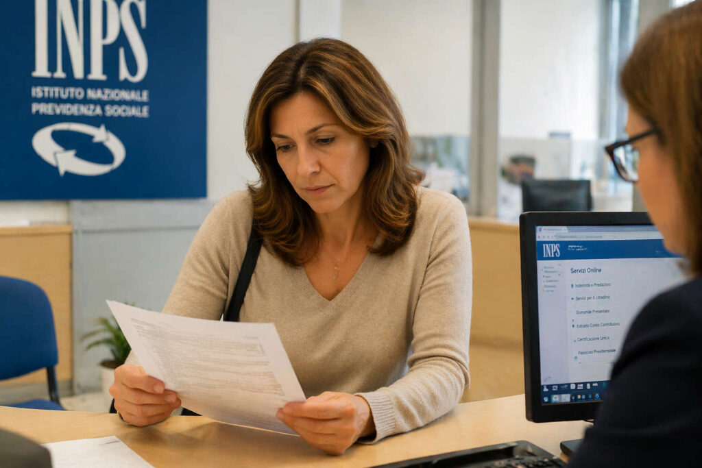 Donna controlla documenti invalidità civile presso sportello INPS