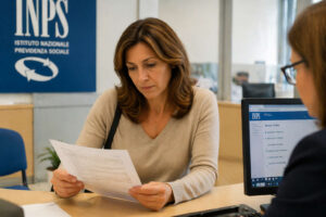 Donna controlla documenti invalidità civile presso sportello INPS