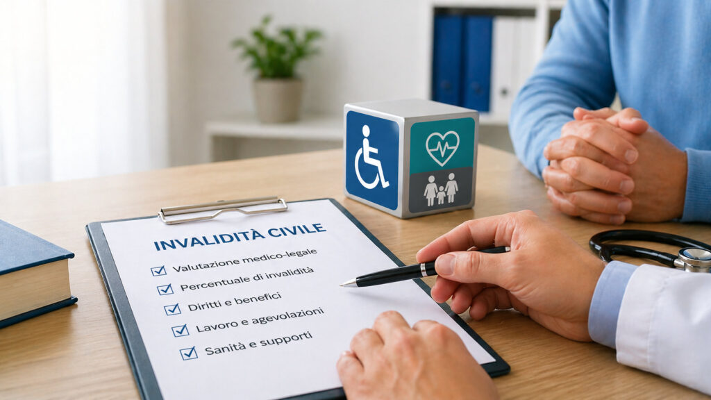 Valutazione invalidità civile con medico e documentazione sanitaria per riconoscimento percentuale e benefici