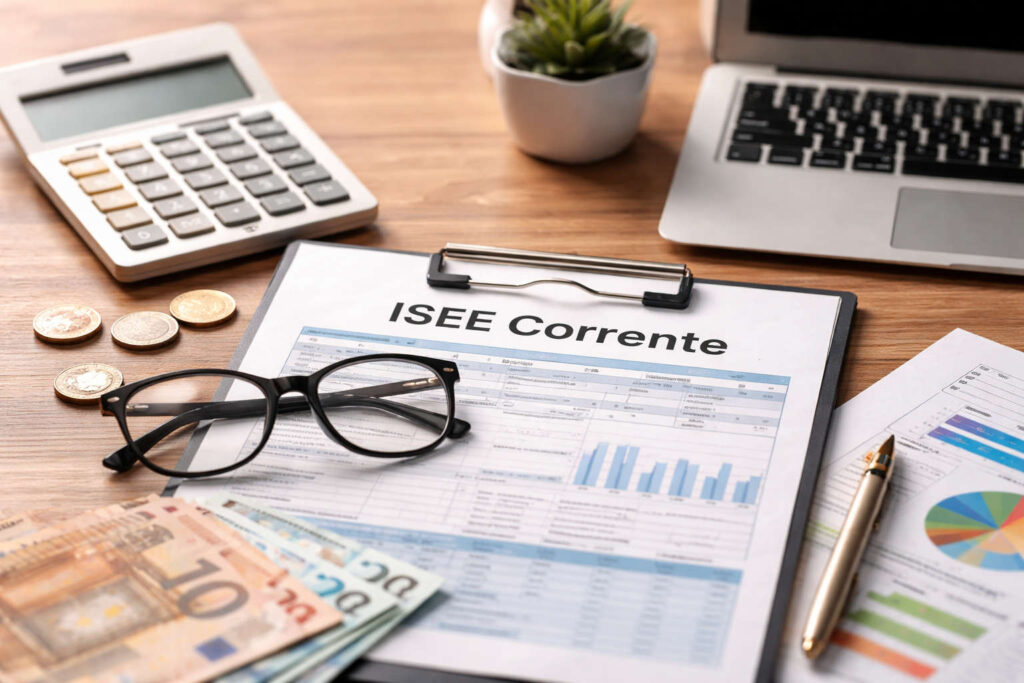 Documenti e calcolo ISEE corrente 2026 con foglio, calcolatrice e denaro su scrivania