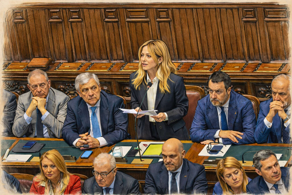 Lavoro povero, cosa vuole fare il Governo contro i salari bassi: nuove regole in arrivo da maggio Disegno stilizzato della premier Meloni mentre parla in Parlamento sul tema del lavoro povero e dei salari bassi
