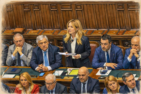 Lavoro povero, cosa vuole fare il Governo contro i salari bassi: nuove regole in arrivo da maggio Disegno stilizzato della premier Meloni mentre parla in Parlamento sul tema del lavoro povero e dei salari bassi