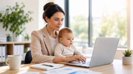 Madre lavoratrice con bambino al computer in ufficio luminoso, conciliazione lavoro e maternità