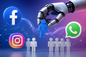 Robot che seleziona un lavoratore mentre altri restano in attesa con loghi Facebook Instagram e WhatsApp sullo sfondo