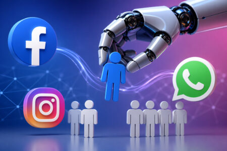 Robot che seleziona un lavoratore mentre altri restano in attesa con loghi Facebook Instagram e WhatsApp sullo sfondo