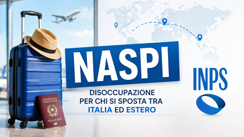NASpI per chi lavora tra Italia ed estero con valigia e logo INPS