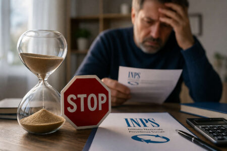 NASpI e pensione incompatibili: lavoratore preoccupato con documento INPS, simbolo stop e clessidra che rappresenta la decadenza automatica