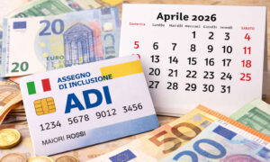 Carta Assegno di Inclusione con calendario aprile 2026 e banconote euro, pagamenti ADI metà mese