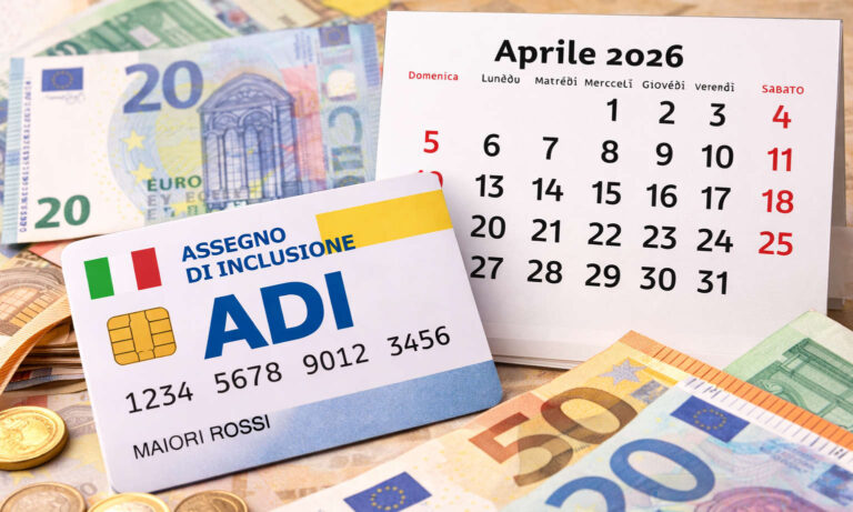 Carta Assegno di Inclusione con calendario aprile 2026 e banconote euro, pagamenti ADI metà mese