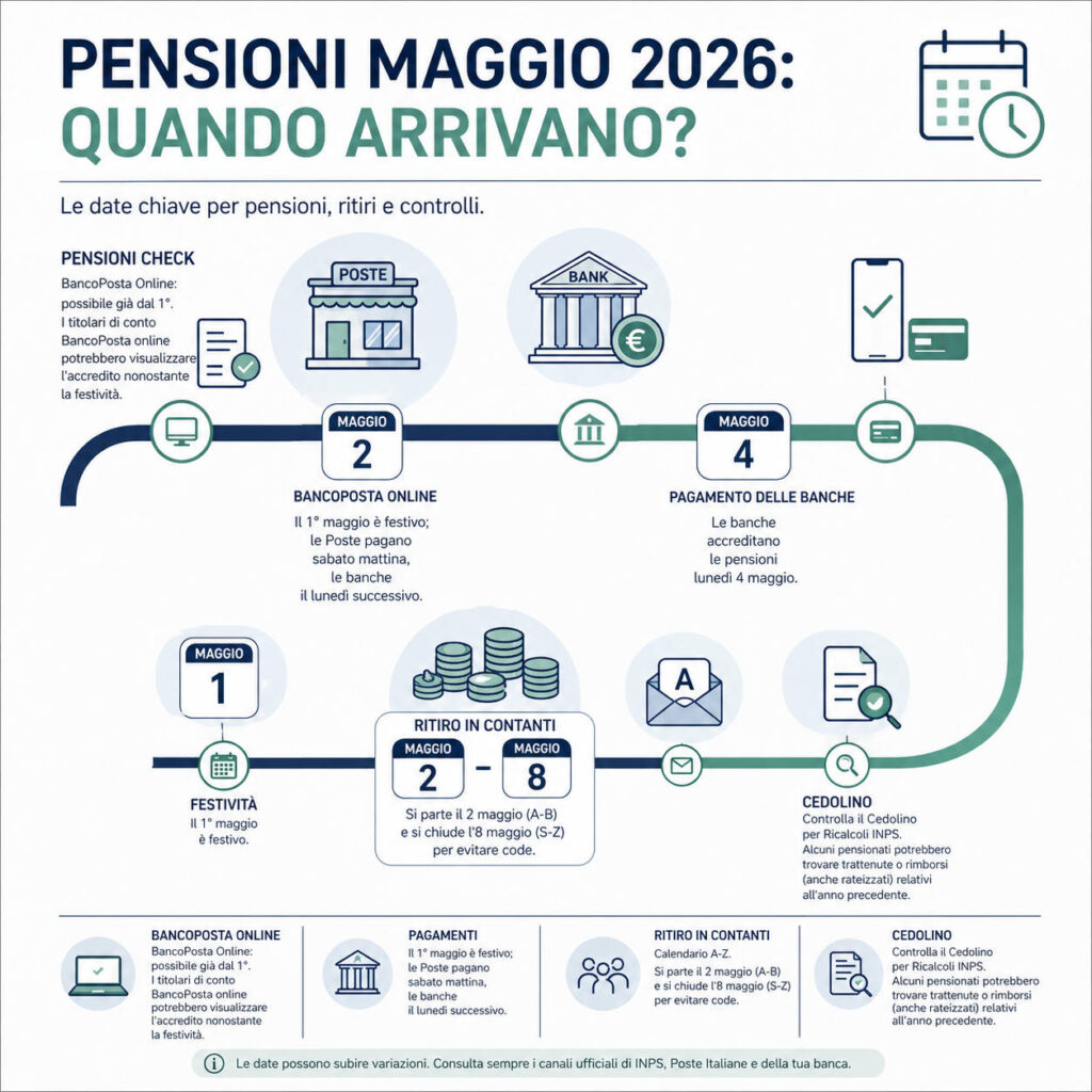 Infografica pensioni maggio 2026 con date di pagamento, accredito Poste e banche e calendario ritiro contanti