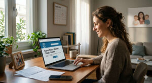 Una donna sorridente a casa davanti al computer portatile, concentrata sullo schermo dove è visibile la pagina ufficiale dell'INPS con il pulsante per richiedere il riesame del Nuovo Bonus Mamme. La scena è realistica e luminosa, con elementi domestici e documenti d'ufficio.