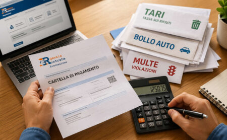 Cartelle di pagamento con TARI, bollo auto e multe su scrivania con calcolatrice e sito Agenzia Entrate Riscossione