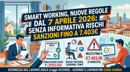 Infografica sulle nuove regole per lo smart working dal 7 aprile 2026, con indicazioni sulle sanzioni fino a 7.403,96 euro per la mancata consegna dell'informativa sui rischi e gli obblighi per datore di lavoro e lavoratore.