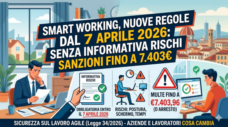 Infografica sulle nuove regole per lo smart working dal 7 aprile 2026, con indicazioni sulle sanzioni fino a 7.403,96 euro per la mancata consegna dell'informativa sui rischi e gli obblighi per datore di lavoro e lavoratore.
