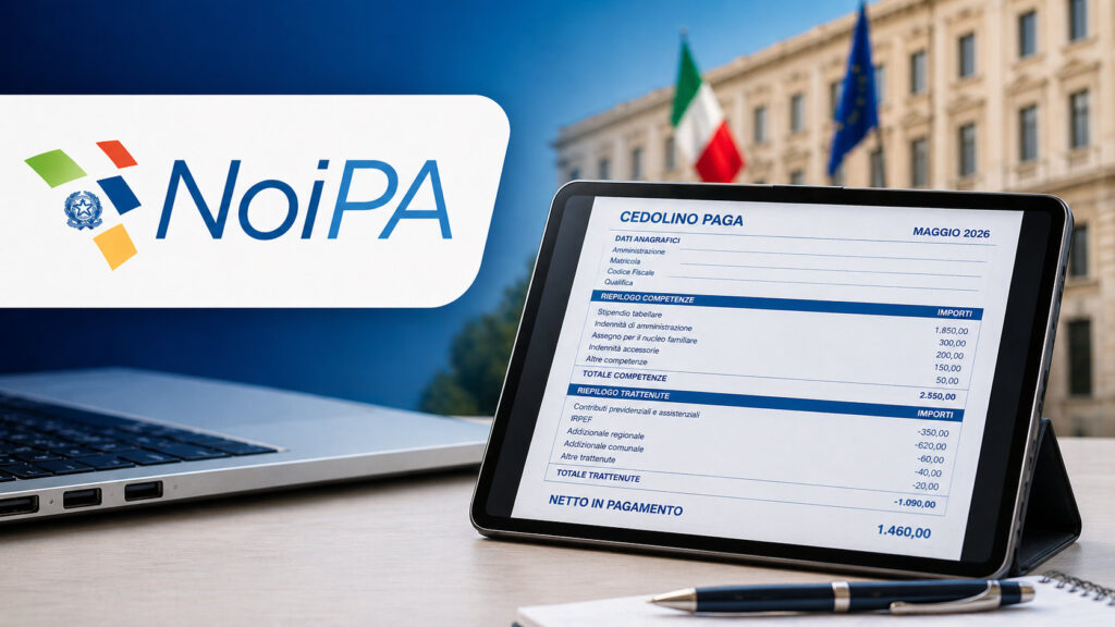 Tablet con cedolino stipendio NoiPA maggio 2026 e logo NoiPA su sfondo istituzionale