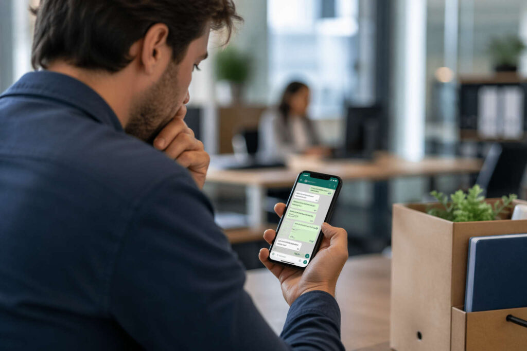 lavoratore controlla messaggi whatsapp tra colleghi in ufficio rischio licenziamento
