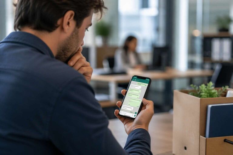 lavoratore controlla messaggi whatsapp tra colleghi in ufficio rischio licenziamento