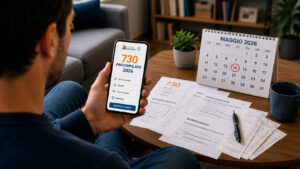 Modello 730, dal 14 maggio si può inviare il precompilato online: quando arrivano i rimborsi Contribuente seduto sul divano controlla il 730 precompilato 2026 sullo smartphone con calendario di maggio e documenti fiscali sul tavolino