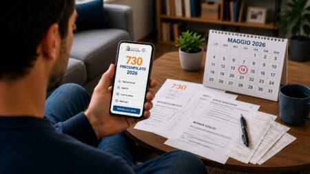 Contribuente seduto sul divano controlla il 730 precompilato 2026 sullo smartphone con calendario di maggio e documenti fiscali sul tavolino
