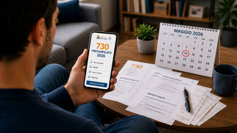 Contribuente seduto sul divano controlla il 730 precompilato 2026 sullo smartphone con calendario di maggio e documenti fiscali sul tavolino