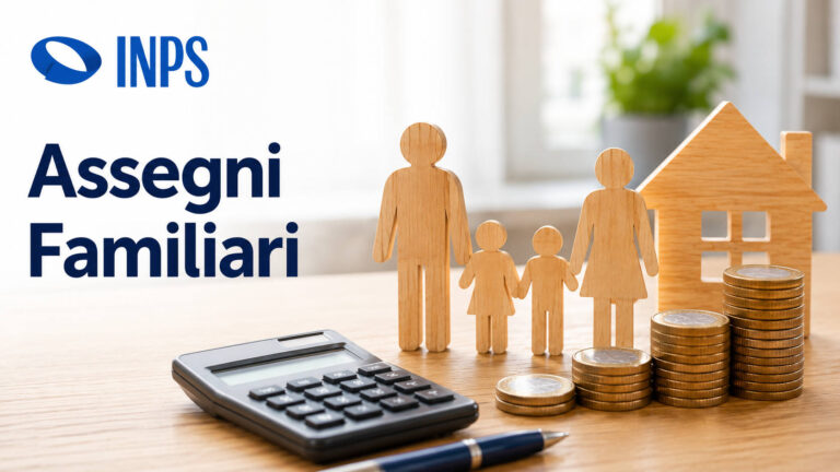 Assegni familiari 2026-2027, immagine con logo INPS, famiglia stilizzata in legno, monete e calcolatrice su tavolo.